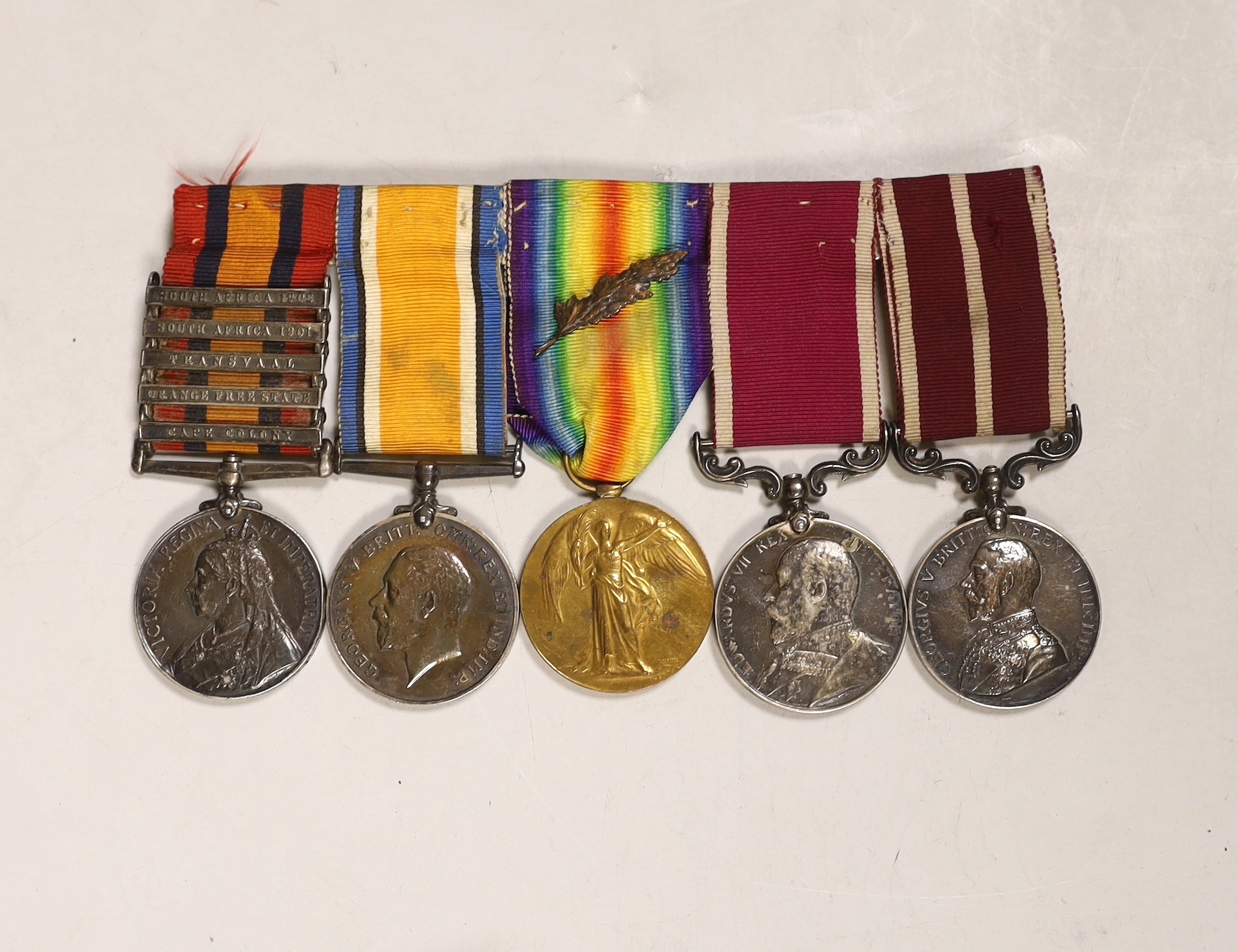 A Queen’s South Africa medal and WWI and meritorious service group of 5 medals to Lieut. O. Preston, 2nd Dragoon Guards